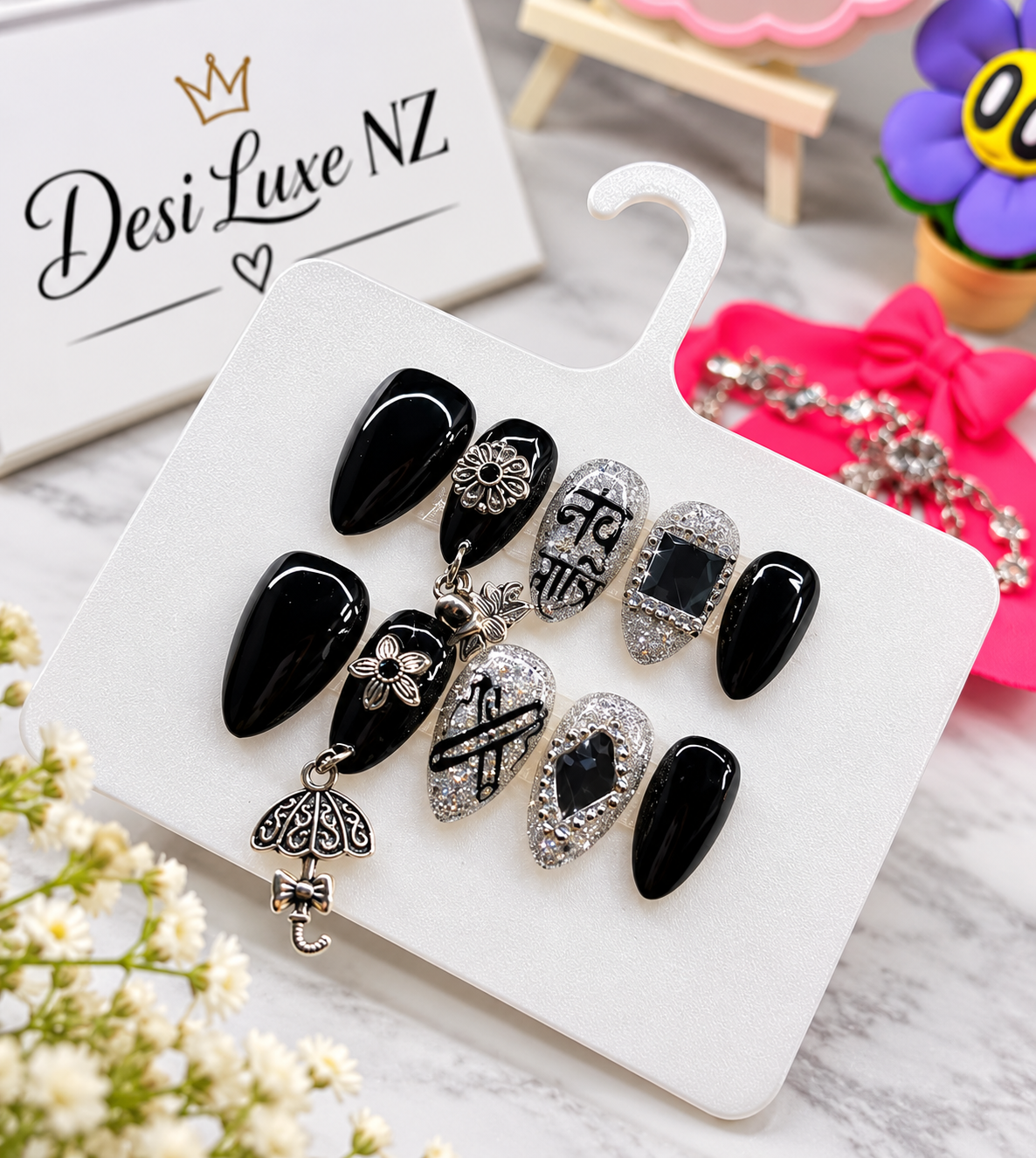 Midnight Silver Press-On Nails | Black & Silver Glitter Navratri Nails with Charms