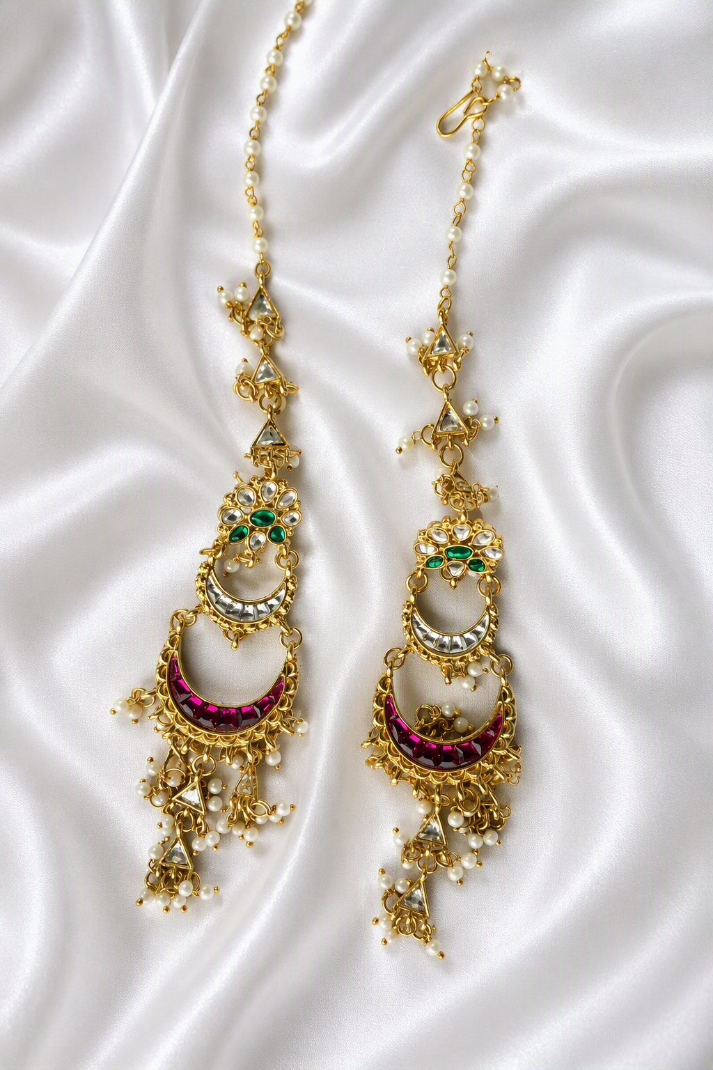Pink and green Chandbali earrings with sahara