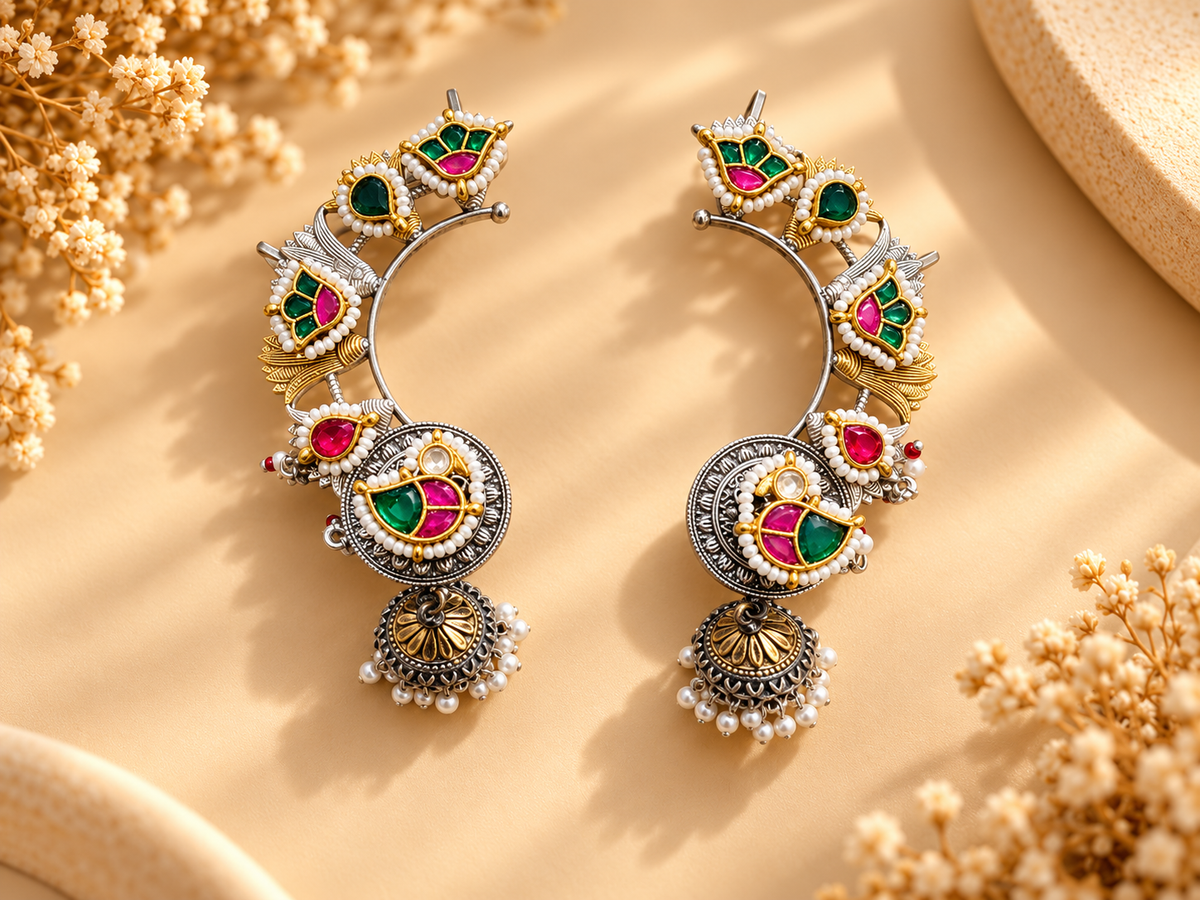 Pachi Kundan Peacock Ear Cuffs | Dual Tone German Silver Karn Phool with Jhumka
