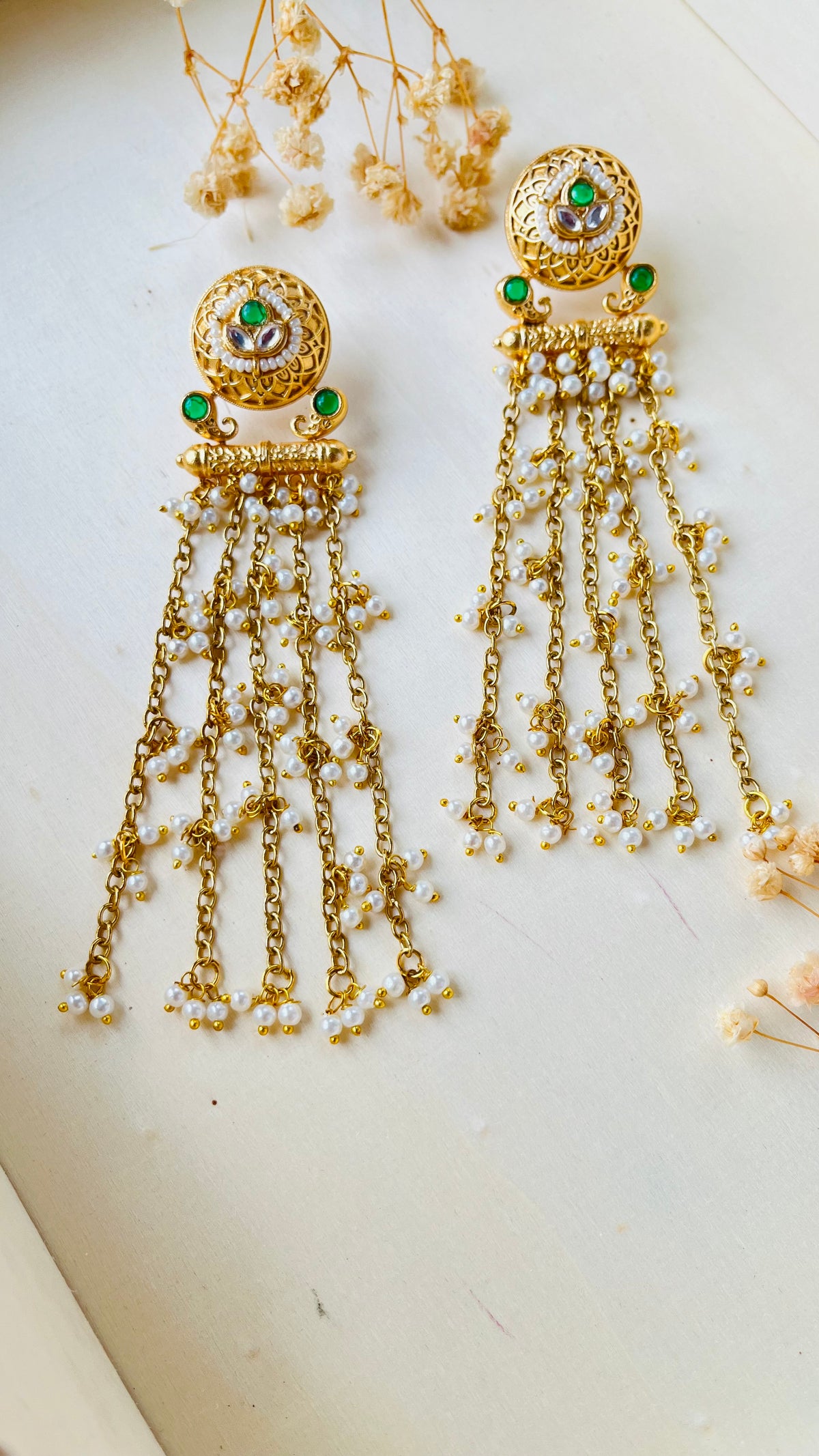 Green stone and kundan earrings