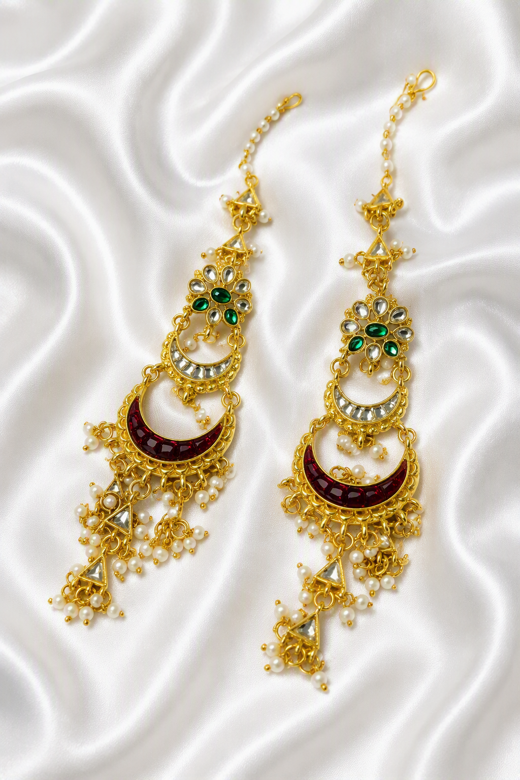 Pink and green Chandbali earrings with sahara