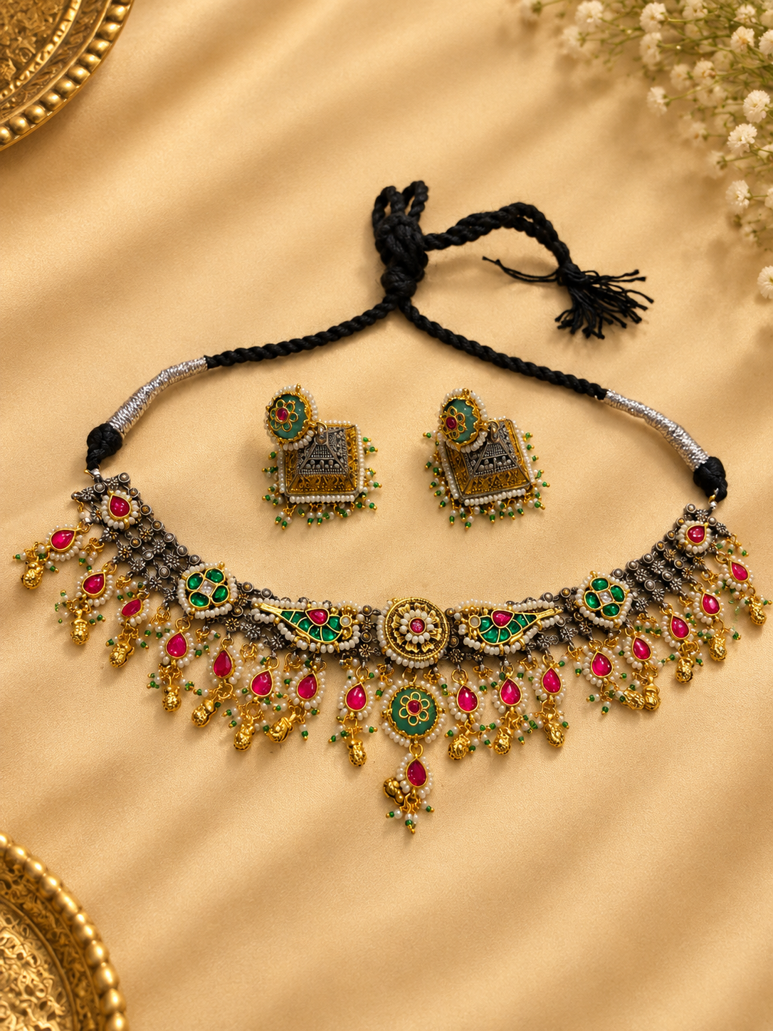 Heavy Dual Tone Necklace Set with Bird & Floral Pachi Kundan Detailing