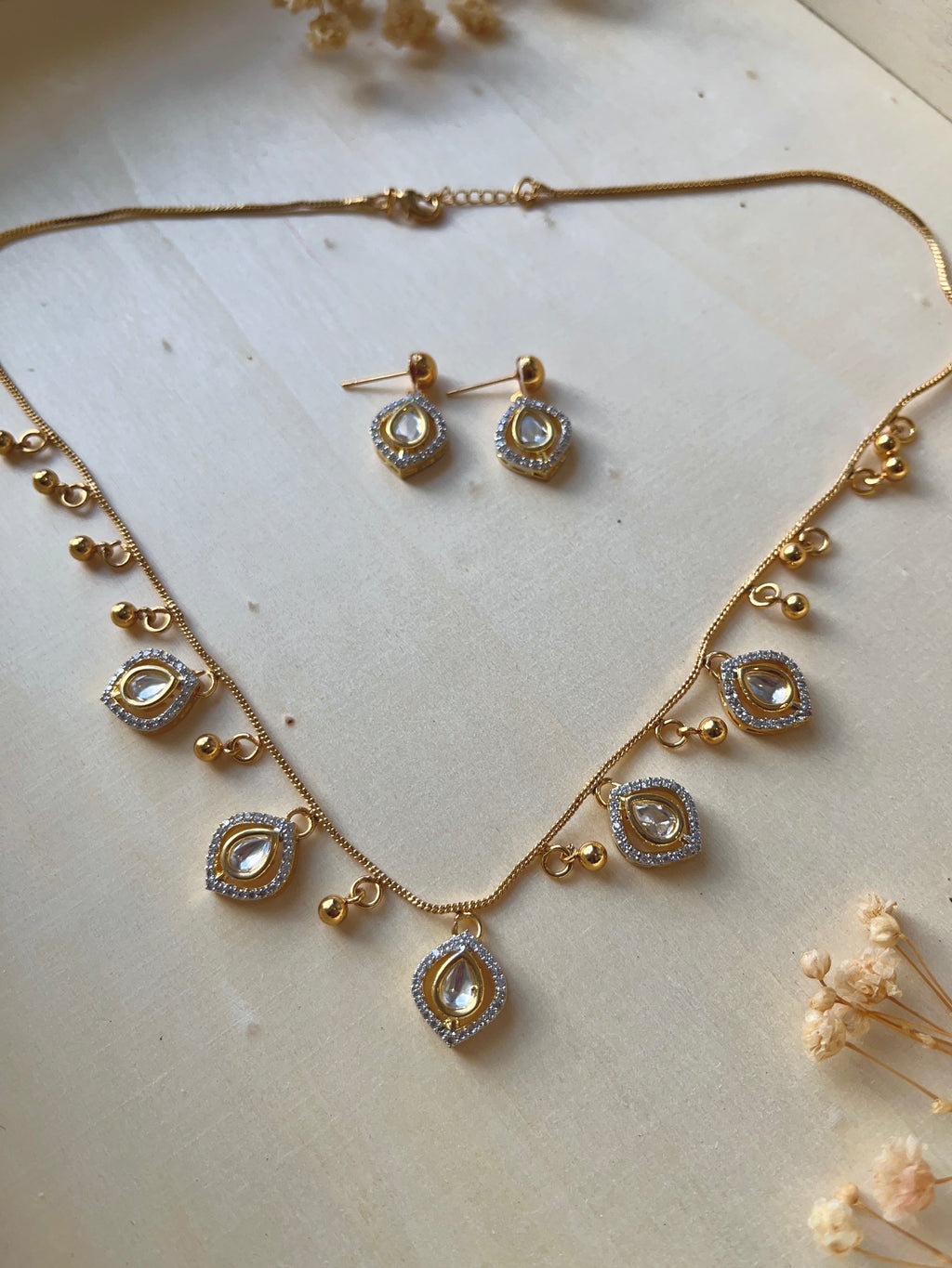 Delicate Polki Kundan Necklace Set – | Real Polki Stone Multi-Charm Necklace & Earrings