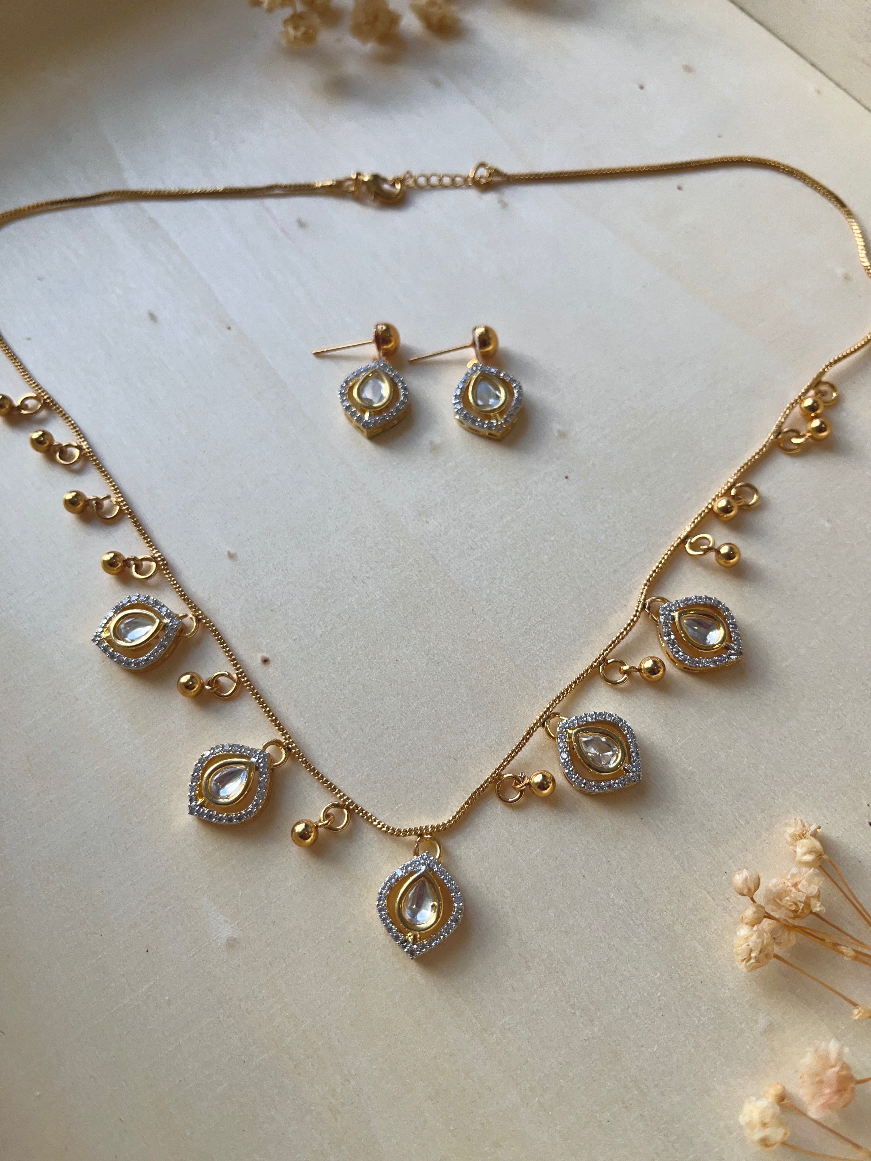 Delicate Polki Kundan Necklace Set – | Real Polki Stone Multi-Charm Necklace & Earrings