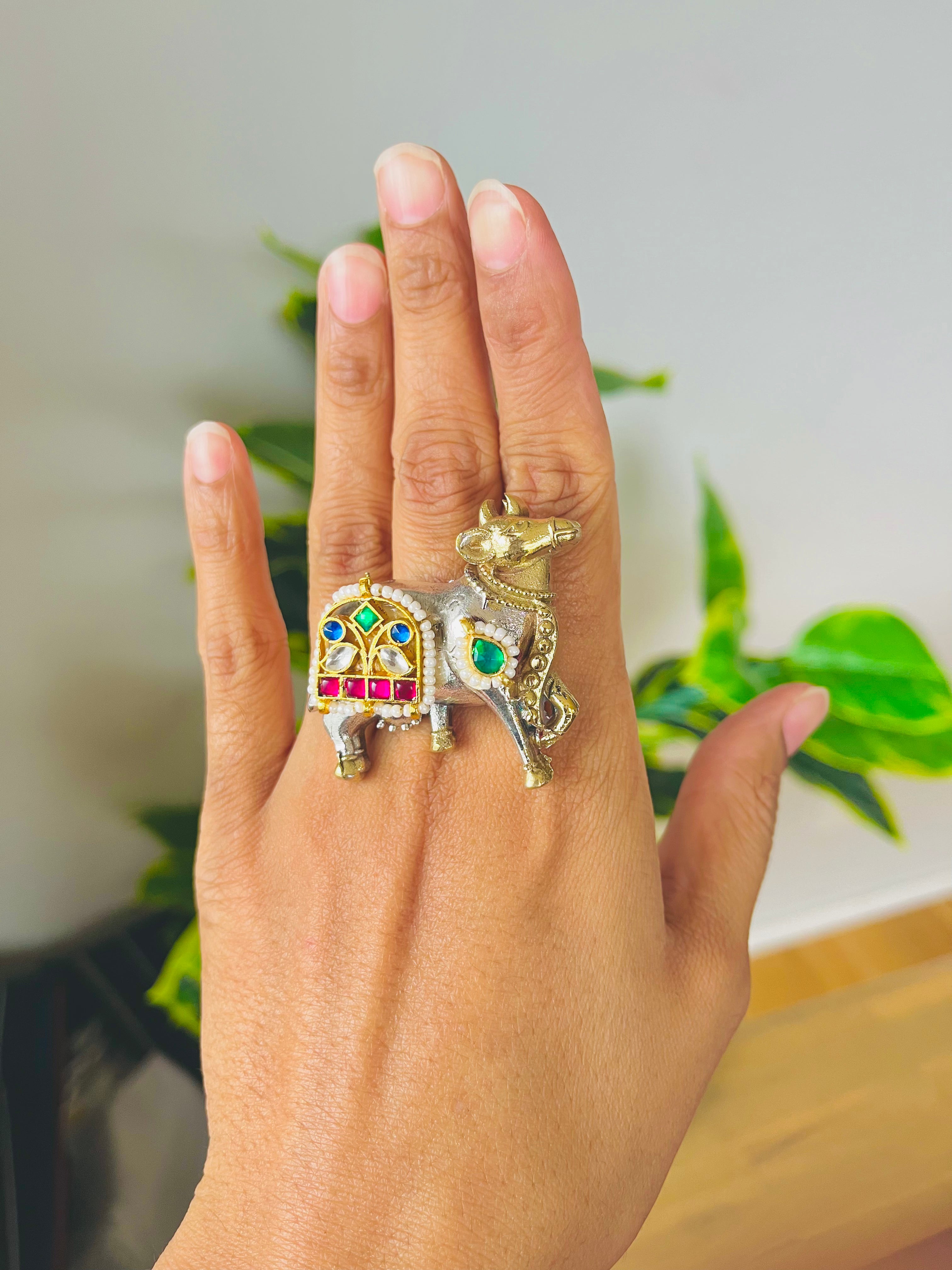Kamdhenu cow ring — pachi kundan Dual tone