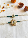 Green peacock couple rakhi pair—Desi Luxe NZ