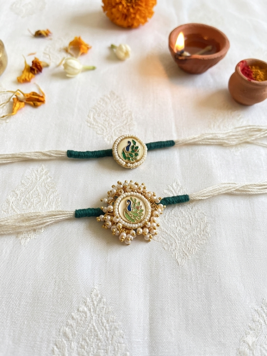 Green peacock couple rakhi pair—Desi Luxe NZ