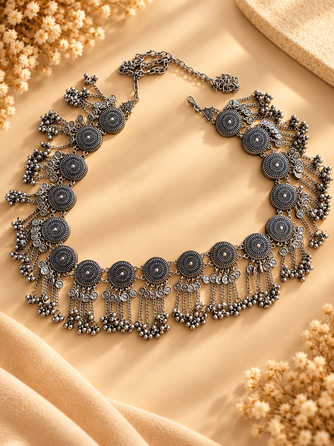 Dual Tone Oxidised Tassel Waist Belt | Coin Charm Kamarband for Navratri