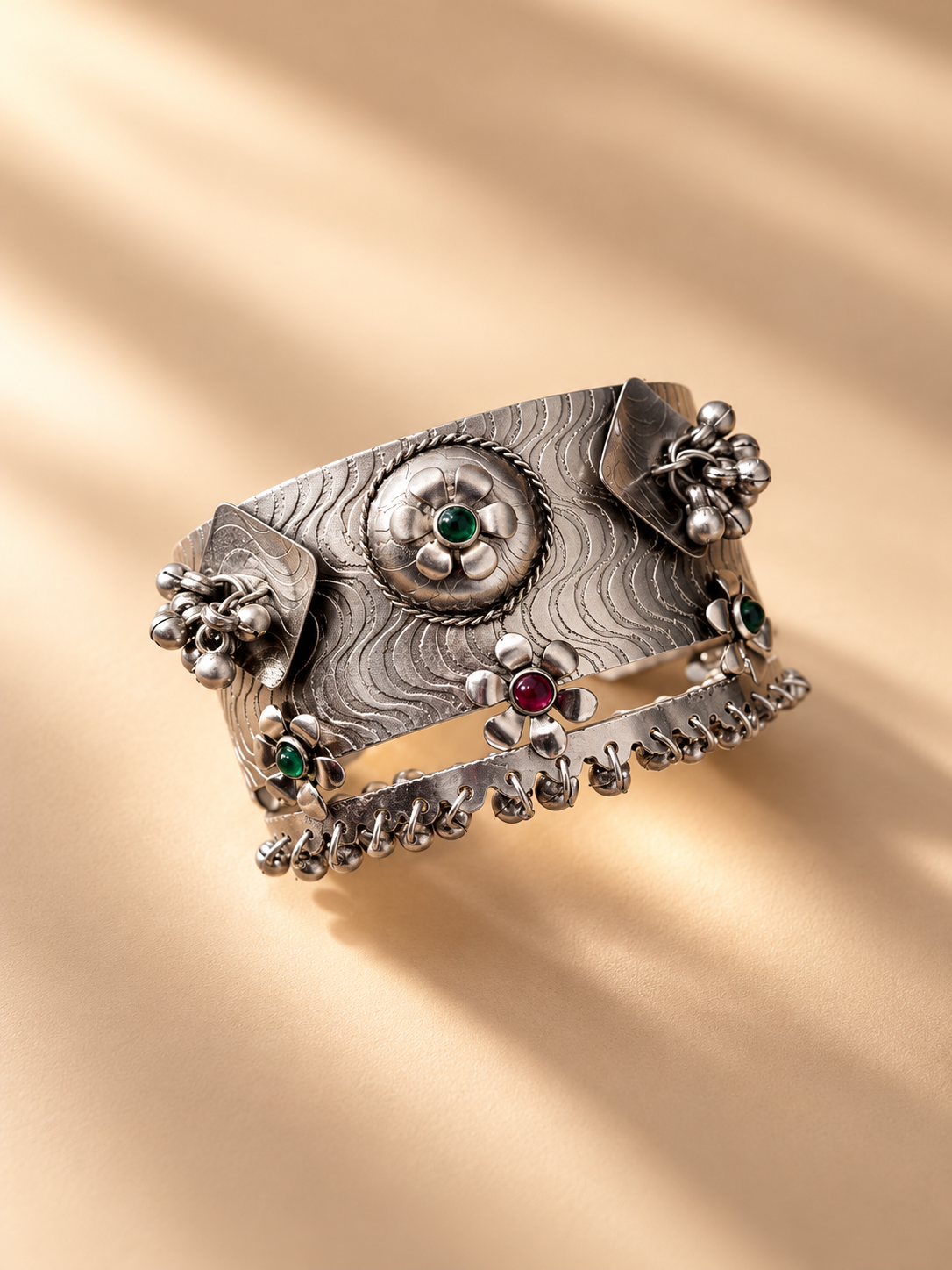 Oxidised German Silver Openable Hand Cuff Bracelet with Ghungroo | Navratri Jewellery