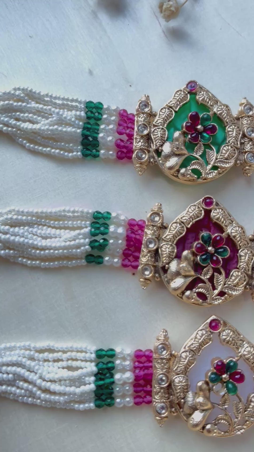 Pearl Multi-Strand Bracelet | Meenakari Rakhi NZ-White (Missing one stone in centre)