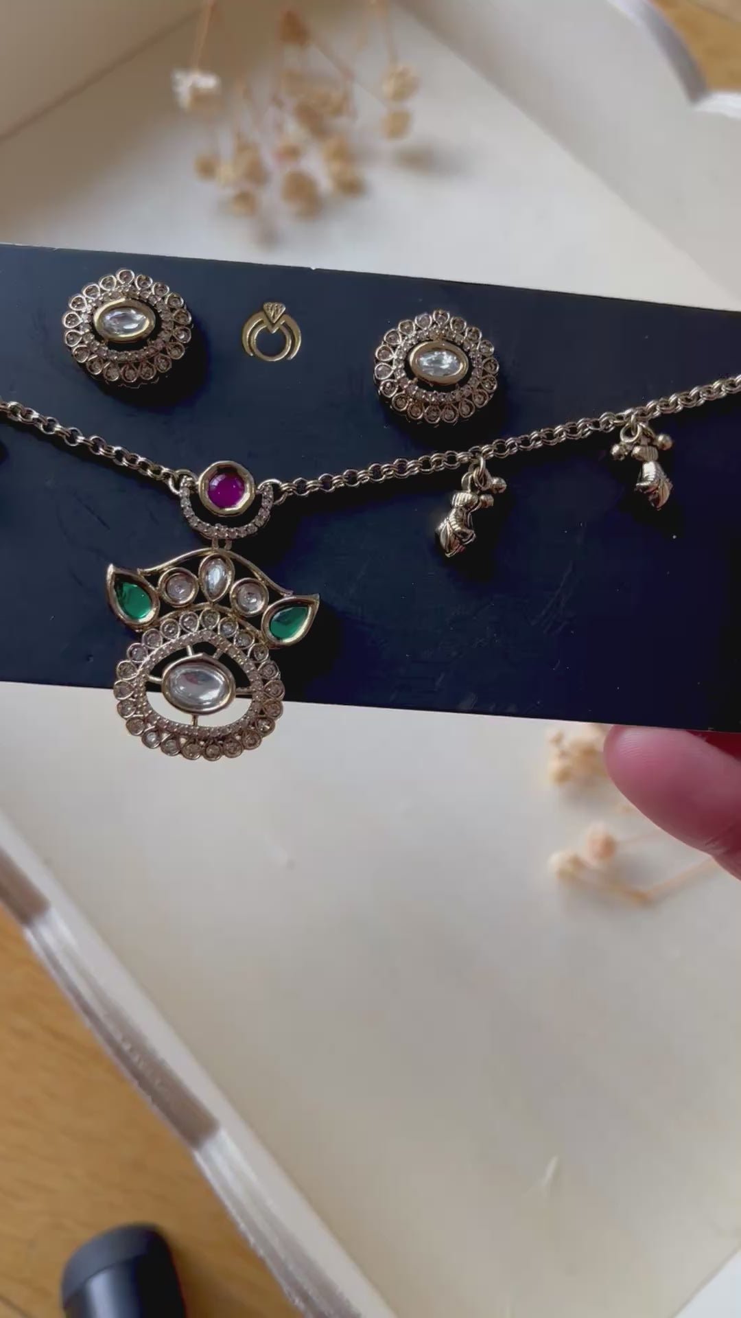 Polki Necklace Set – Antique Gold with Ruby & Emerald Stones
